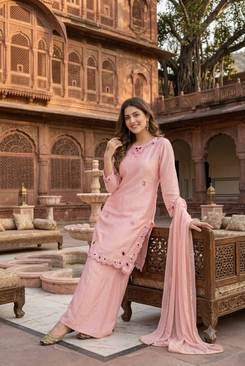 Bespoke Peach Satin Ensemble